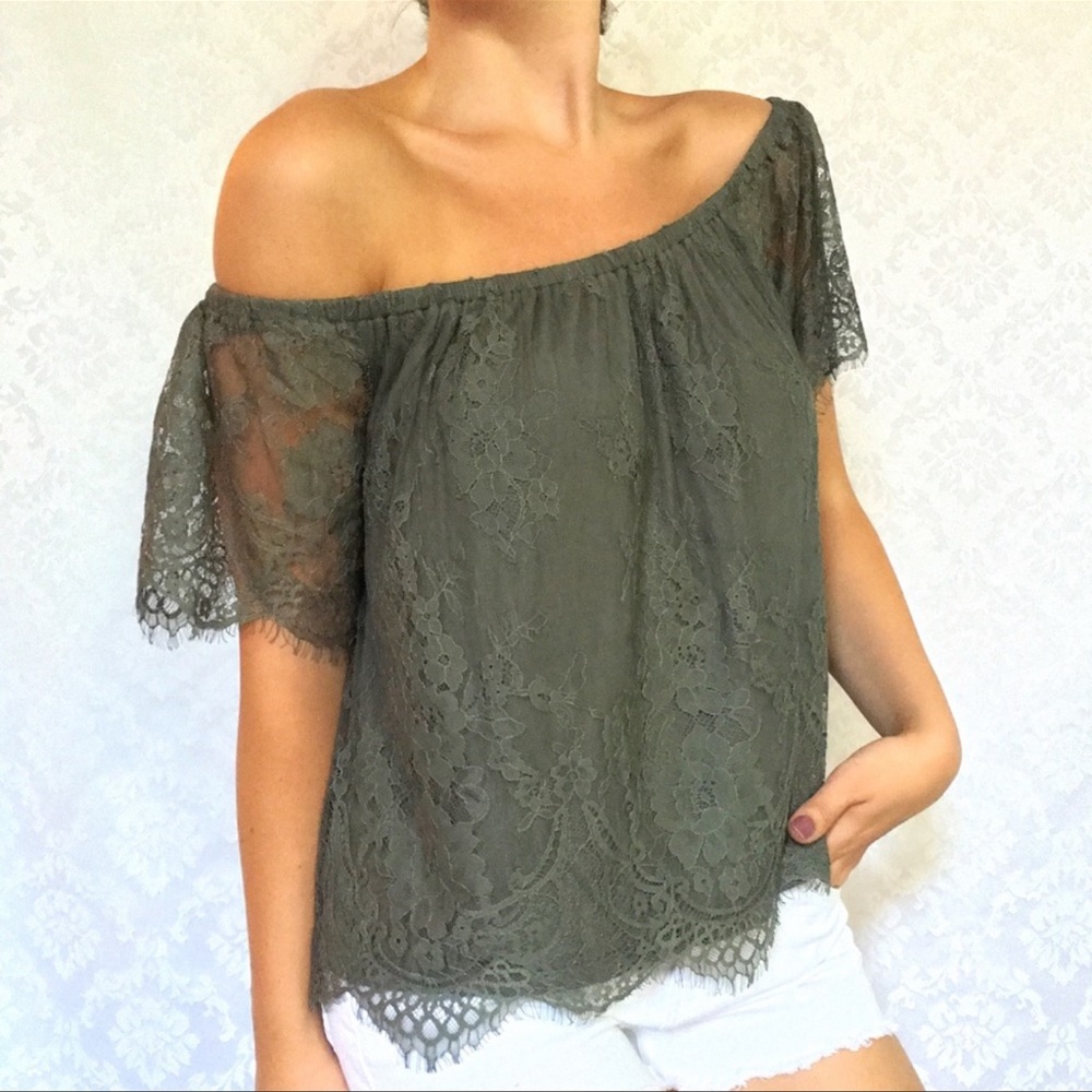 American Eagle | Olive Lace Off Shoulder Top